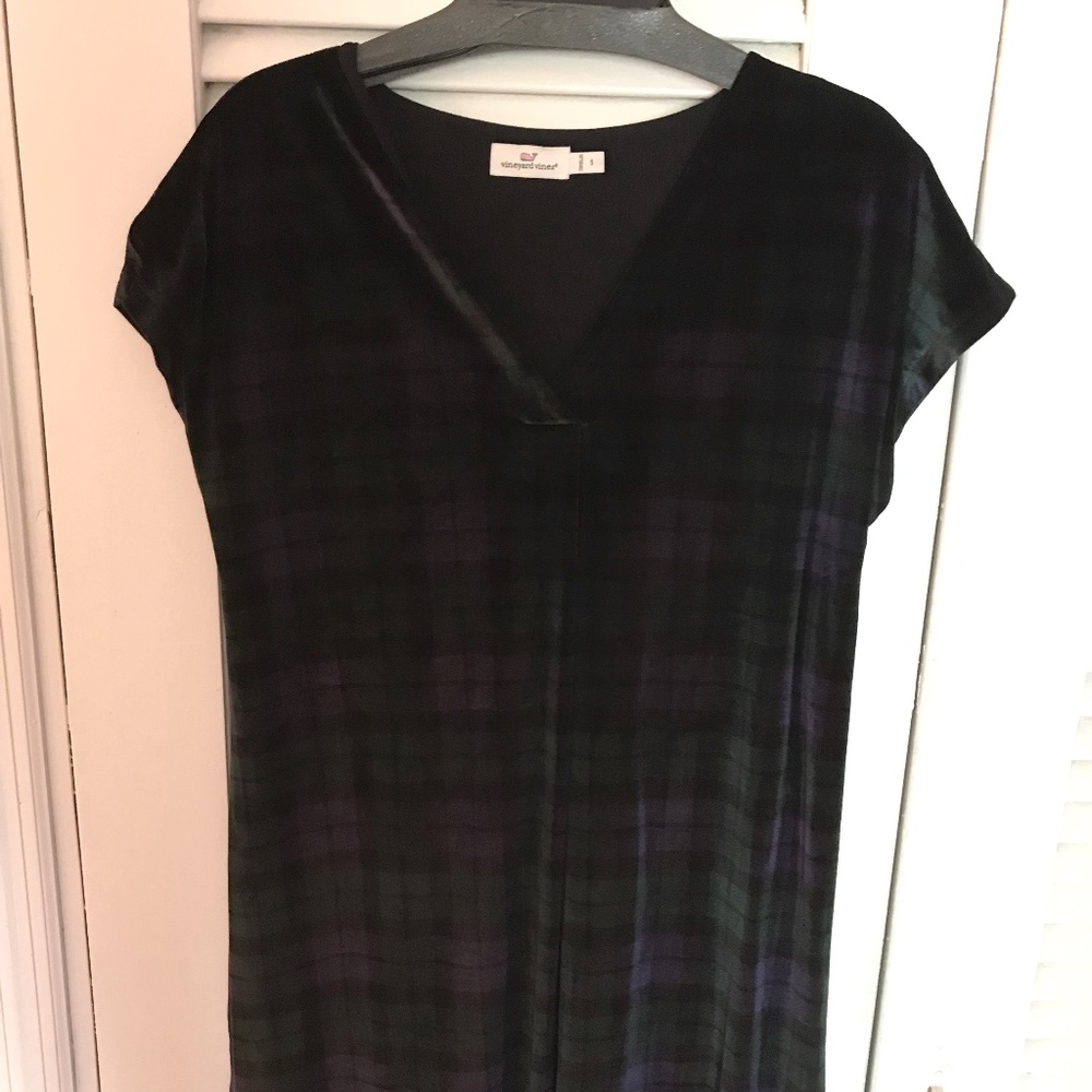 Vineyard Vines Dress Womens Sz S Blackwatch Blue Green Plaid Velvet V Neck